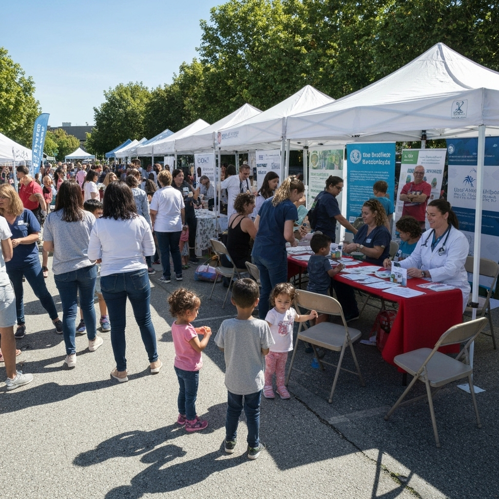 Community wellness event with diverse families