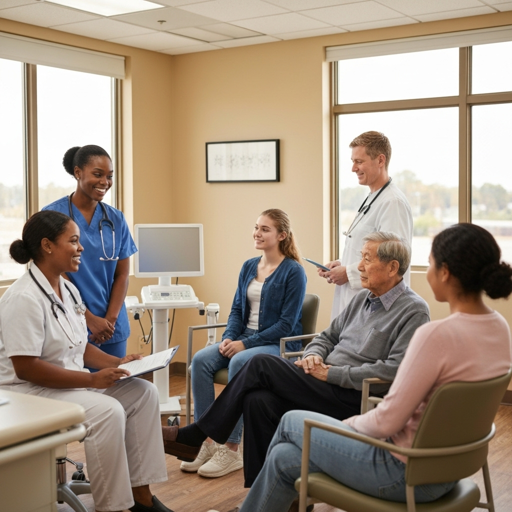 Diverse healthcare professionals and patients in welcoming medical office